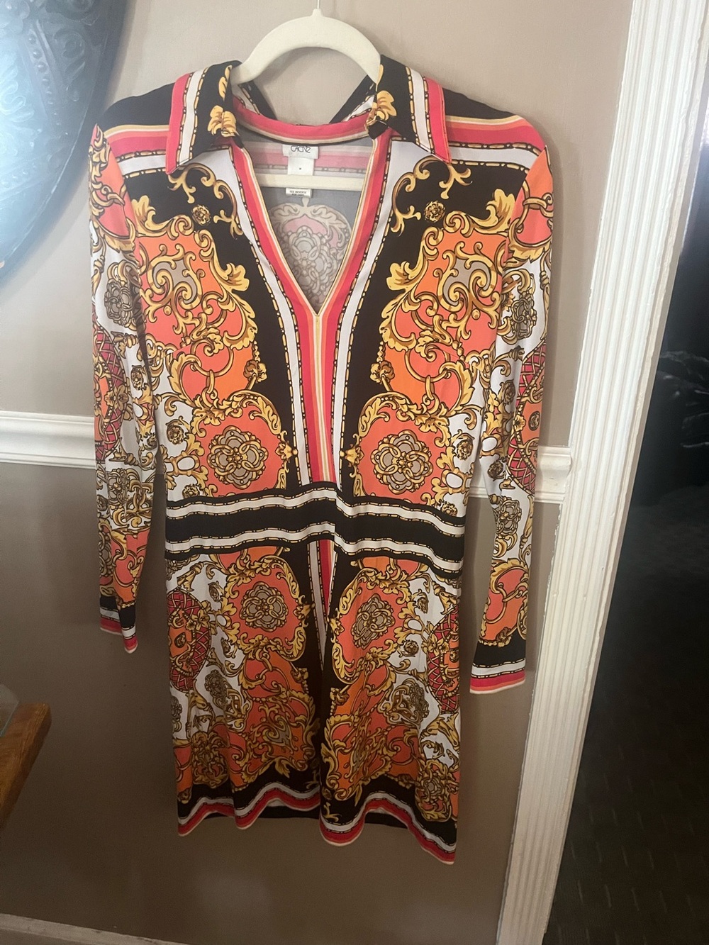 Cache Bold Baroque-Print Shirt Dress in Orange and Black
